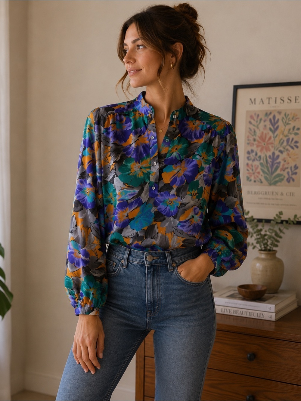 Teddi Vintage 80s Multicolor Floral Shirt Size 14 Cottagecore Retro Statement